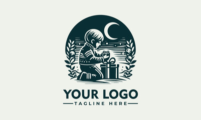 Charming illustration of a young child wearing a festive Christmas hat holding a glowing gift box. Holiday concept