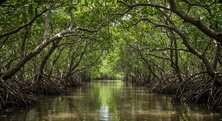 Tranquil waterway through a dense mangrove forest canopy of tropical foliage