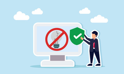 Businessman holding a shield beside a monitor showing a broken light with a forbidden sign illustration of rejecting or warning in applying business ideas