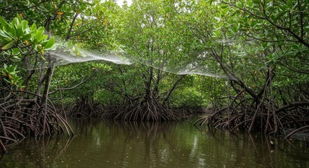 Ethereal mangrove canopy adorned with delicate spiderwebs above calm waters