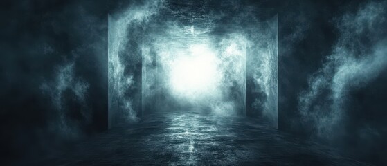 Background of an empty room with smoke and neon light. Dark abstract background