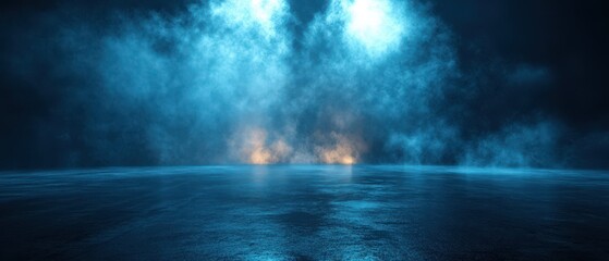 Dark street, wet asphalt, reflections of rays in the water. Abstract dark blue background, smoke, smog. Empty dark scene, neon light, spotlights. Concrete