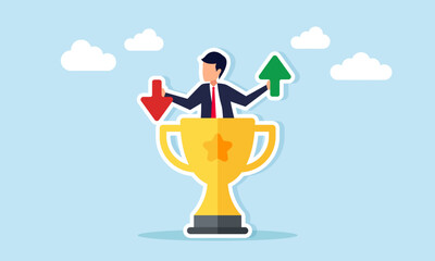 Businessman emerging from a trophy holding up and down arrows illustration of business performance fluctuation as a leading company