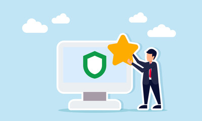 Businessman holding a star next to a monitor displaying a shield illustration of a reliable business application program with good quality