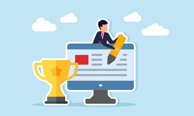 Businessman holding a pen emerging from behind a monitor next to a trophy illustration of designing and building a website to support business as a leading company