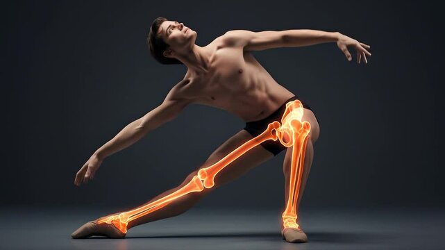 Male dancer in pose with skeletal overlay