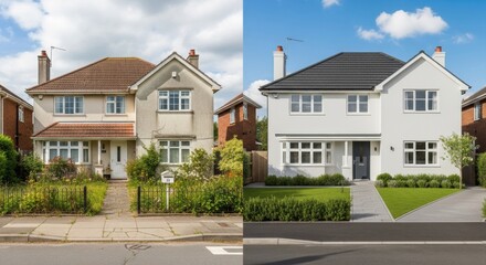 Side by side comparison of an old worn house and a newly renovated modern house with fresh landscaping