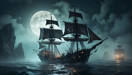 Pirate ship sailing on the sea at night under a full moon