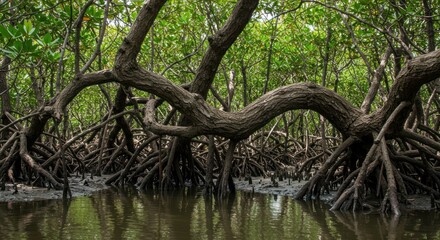 Intricate mangrove root system creates a unique wetland environment scene