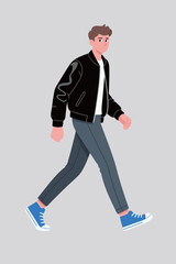 Walking Man in Black Jacket and Blue Sneakers