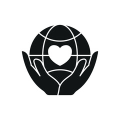 Flat charity icon showing globe, heart, and hands – symbolizing love, global aid, unity, and support.

