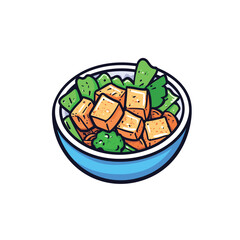 Bowl of healthy salad with tofu and greens