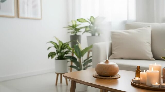 Wooden diffuser with essential oils and candles on a coffee table in a living room with plants