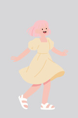 Happy Girl in Yellow Dress jumping joyfully with arms wide open