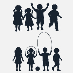 Flat vector illustrator silhouette of icons, children playing, white background