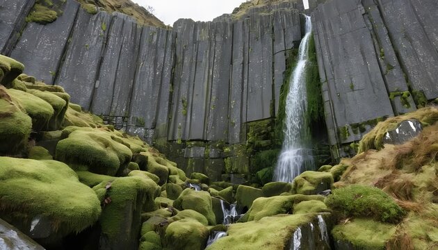 Scenic Iceland landscape with basalt columns and mossy waterfall