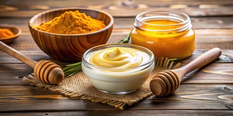 Fototapeta premium Soothing Turmeric Face Mask with Honey and Yogurt on a Wooden Surface, turmeric face mask, detoxification process