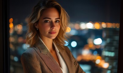 Successful Businesswoman in Stylish Suit Working on Top Floor Office Overlooking Night City. High Achievement Female CEO of Humanitarian Investment Fund, Human Face of Sustainable Corporate Governance