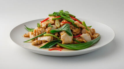 Delicious stir-fried chicken with vibrant green herbs and chili peppers, served on a sleek white plate. A flavorful and healthy Asian-inspired dish, perfect for a light lunch or dinner.