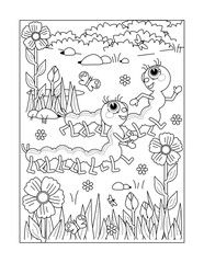 Spring or summer joy coloring page with caterpillars, flowers, grass.
