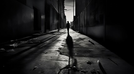 Streets in the old town with shadows in the sun, retro style, black and white