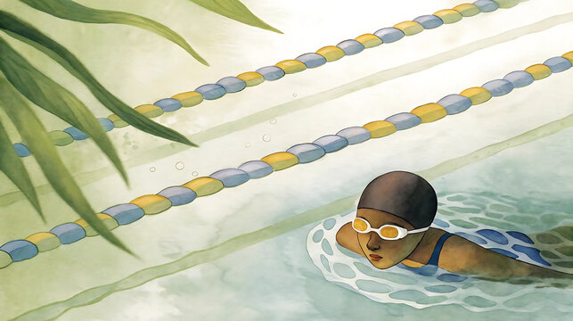 Watercolor-style illustration of young swimmer in pool, swimming lessons for kids, sports education, summer camp, children's activity poster, health and fitness concept art