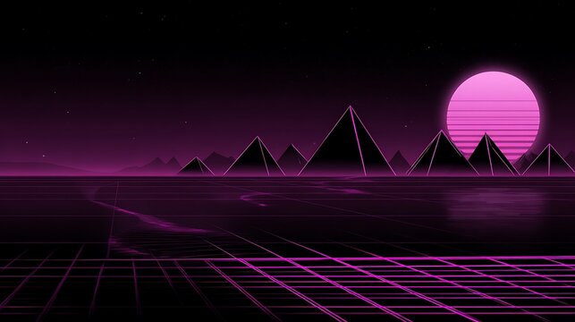 Synthwave pyramids with grid and sun