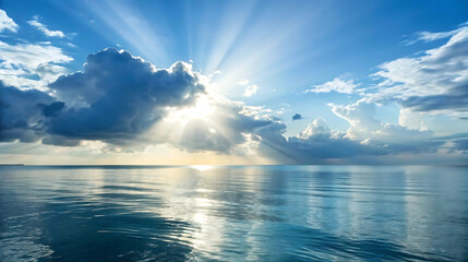 Sunlight rays breaking through clouds over calm ocean, dramatic seascape sunrise or sunset, peaceful nature background, divine light concept, heaven and hope inspiration