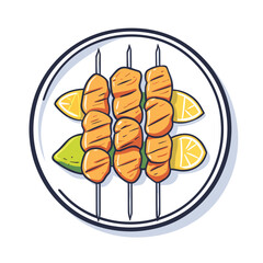 Grilled skewers with lemon on white plate