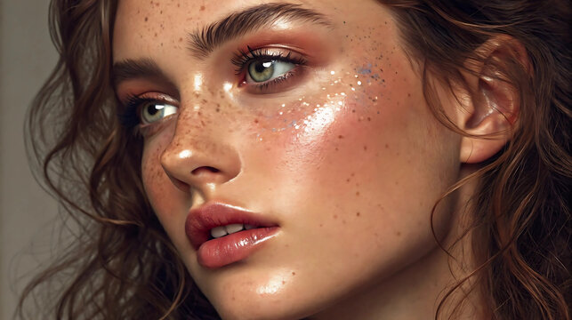 Close-up of glowing dewy skin with freckles, natural beauty portrait, radiant face with glossy highlights, skincare and cosmetics advertising concept
