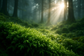 Magical forest scene: vibrant moss, fresh dew, and golden morning light.