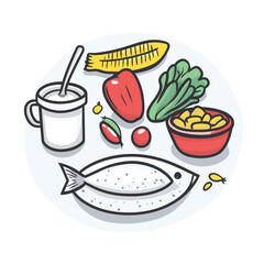 Healthy food with corn, fish, and vegetables