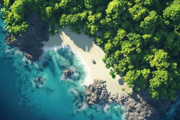 Beach Scenic aerial shot with trees, sand, rocks, and ocean. Azure waters