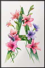 Decorative Alphabet Monogram With Watercolor Lily Botanical Blooms For Artistic Wedding Print Invitations floral and botanical alphabet illustration design