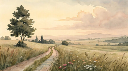 Fototapeta premium Serene watercolor countryside path at sunset with wildflowers and rolling hills, ideal for wall prints, pastoral scenes, slow living concepts, greeting cards