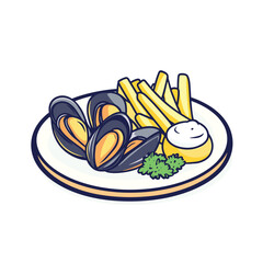 Mussels and fries cartoon dish seafood