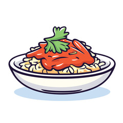 Noodle dish with tomato sauce and garnish