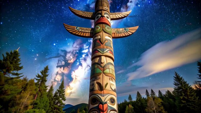 Ornate totem pole stands tall at night under a vibrant sky filled with stars and light clouds amid pine trees in the forest