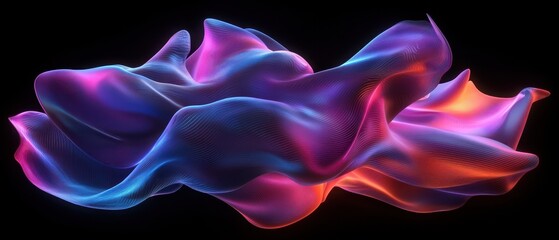 A dynamic 3D rendering of an abstract fluid holographic wave in neon hues, set against a dark backdrop. a gradient design suitable for banners, backgrounds. Abstract dark holographic iridescent neon