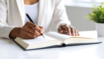Person in white blazer writing in open notebook on white desk.