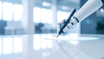 Robotic hand writes with pen on glowing digital surface in bright, futuristic indoor environment.