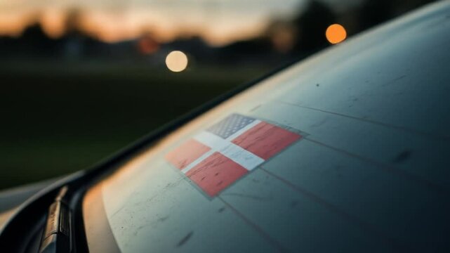 American Flag Sticker on Car Window at Sunset