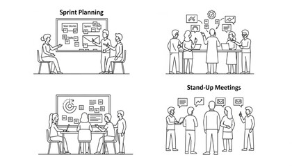 Sprint Planning and Stand-Up Meetings Sketch Illustration | Teamwork Collaboration in Agile Software Development for Presentations, Project Management, and Business Communication