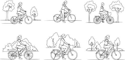 Obraz premium Single continuous line drawing of Woman resting sitting on her bicycle in the park. Dynamic single line draw design graphic vector illustration. 