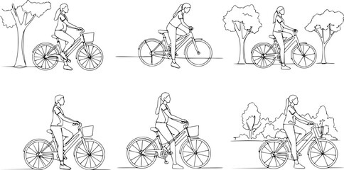 Single continuous line drawing of Woman resting sitting on her bicycle in the park. Dynamic single line draw design graphic vector illustration.

