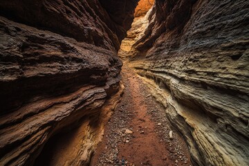 Layered rock canyon's narrow passage with light above beckoning exploration