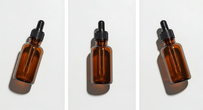 Three amber glass dropper bottles on a light background.