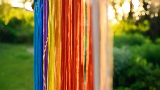 Vibrant backdrop made of colorful tied ropes hanging outdoors, macrame style art decoration for bohemian events and wedding
