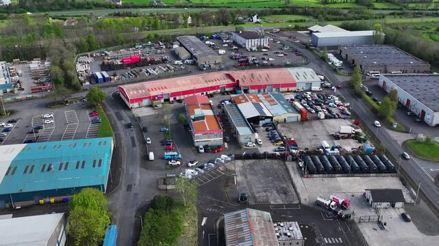 Drone Aerial view of Wilsons Fireplaces, Just Tiles N Bathrooms, City Electrical Factors Ltd, Pennybridge Ind Est Ballymena N Ireland 17-05-25