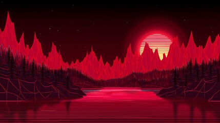 Retro synthwave landscape with mountains and sun
